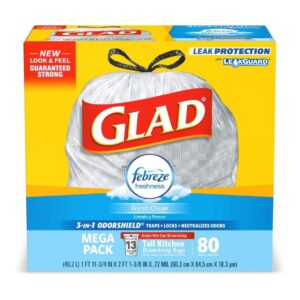 Glad Tall Kitchen Drawstring Trash Bags – OdorShield 13 Gallon Grey Trash Bag, Febreze Fresh Clean – 80 Count