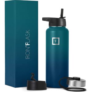 IRON °FLASK Sports Water Bottle – 40oz, 3 Lids (Straw Lid), Leak Proof – Stainless Steel Gym & Sport Bottles for Men, Women & Kids – Double Walled, Insulated Thermos, Metal Canteen