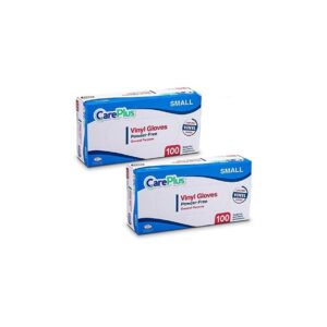 Care Plus 200 Count Disposable Plastic Vinyl Clear Small Size Gloves, Allergy, Latex And Powder Free, Great For Home Kitchen Or Office Cleaning, Cooking, 2 Boxes