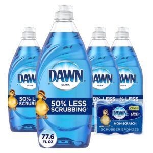 Dawn Ultra Dishwashing Liquid Dish Soap (4×19.4 Fl oz) + Non-Scratch Sponge (2 Count), Original Scent